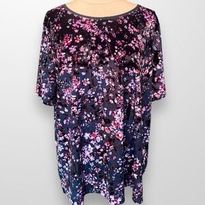 Evri Size 1X Top Tunic Shirt Blue Velvet Velour Short Sleeve Stretch Travel